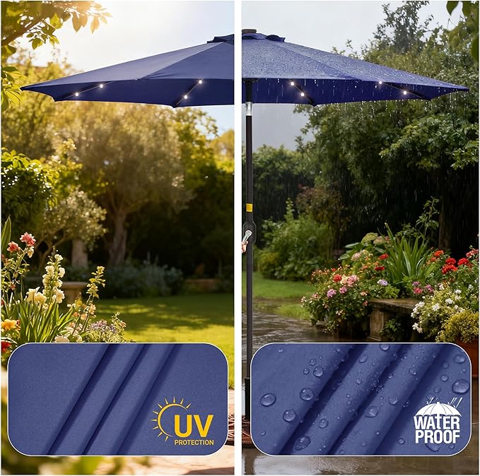9ft Patio Umbrella Outdoor with Solar Lights,32 LED Lighted Table Market Umbrella with Tilt and Crank, 2-Year-Non-Fading, 8 Sturdy Ribs,for Pool, Deck, Garden,Backyard