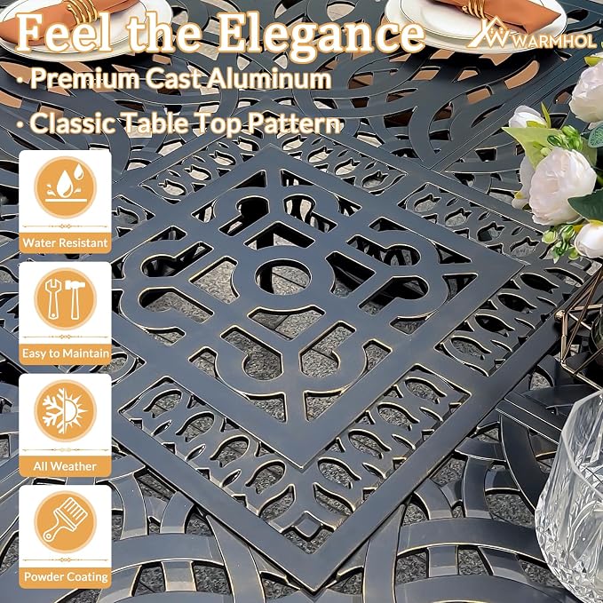 9 Piece Outdoor Patio Dining Set for 8, Cast Aluminium Large Square Dining Table & 8 Cushioned Stackable Chairs, Umbrella Hole, Patio Furniture Set for Garden Porch Poolside, Khaki