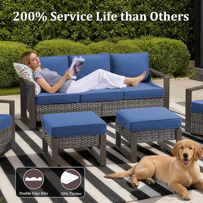 Patio Furniture Set with Fire Pit Table, 6-Piece Outdoor Wicker Sofa and Swivel Chairs, All-Weather Conversation Set for Backyard, Deck and Poolside, Grey/Blue