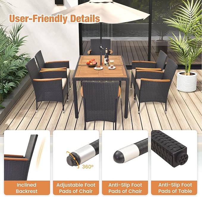 HAPPYGRILL 7 Pieces Outdoor Dining Set, Patio Conversation Set with Umbrella Hole, Acacia Wood Tabletop & Seat Cushions, Dining Table with 6 Rattan Wicker Chairs for Backyard Poolside Deck