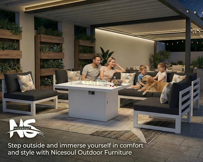 NICESOUL 7 People Large Luxury Aluminum Patio Conversation Set with Lounge & Fire Pit Table, 29" Deep Wide Modular Sectional Couch, 500 lbs Heavy Duty All Weather Outdoor Sofa for Poolside Yard, Black