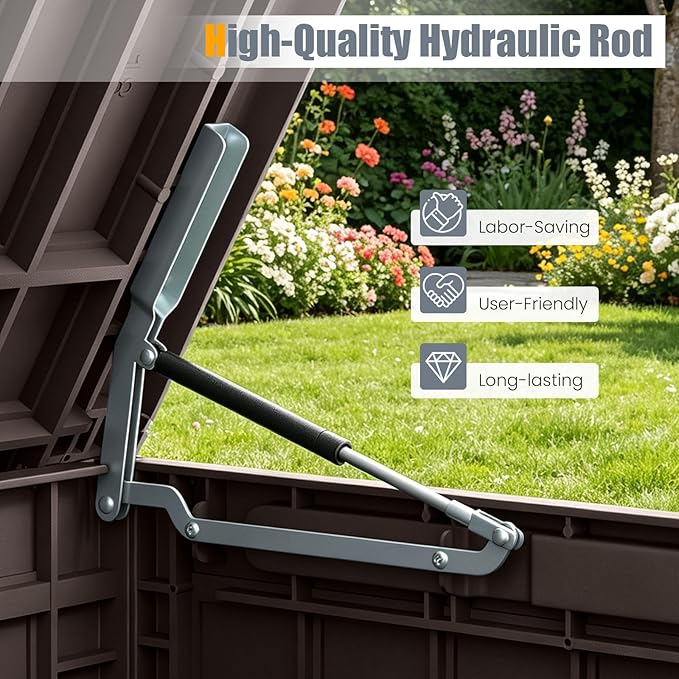 HAPPYGRILL 100 Gal Outdoor Deck Box, Lockable Storage Bin with Lid and Handles, Waterproof and Sun-Protective Patio Bench and Storage Box for Garden Tools Pool Supplies (Dark Brown, 100Gallon)