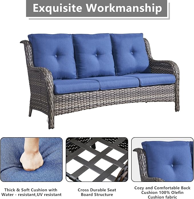 Rilyson 3 Piece Wicker Patio Furniture Set - Outdoor Rattan Patio Comversation Set with 1 Sofa and 2 Ottomans for Outside Porch Deck Garden(Mixed Grey/Blue)