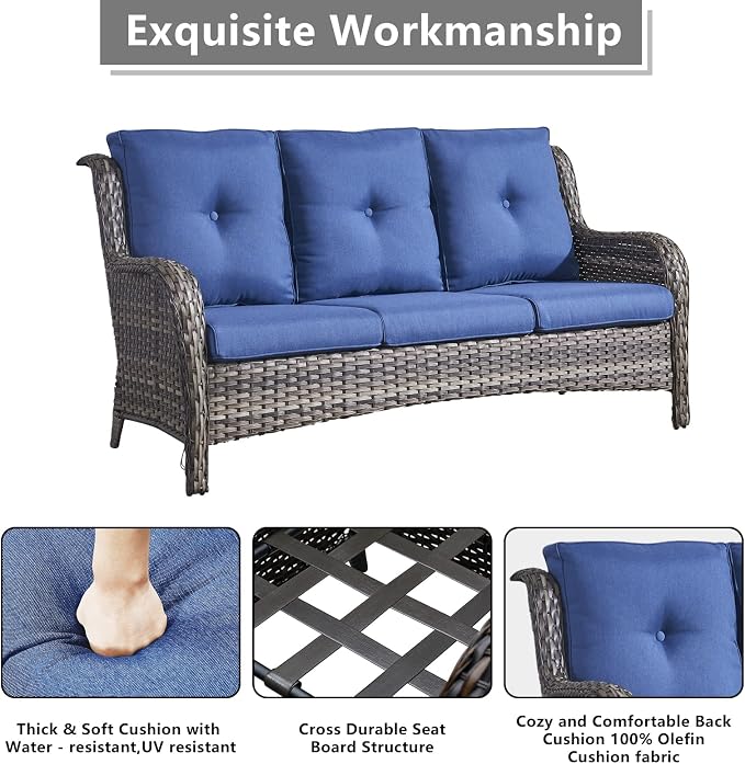 Rilyson Wicker Patio Furniture Set - 6 Piece Rattan Outdoor Sectional Conversation Sets with 1 Sofa,1 Loveseat,2 Armrest Chairs and 2 Ottomans for Porch Deck Garden(Mixed Grey/Blue)