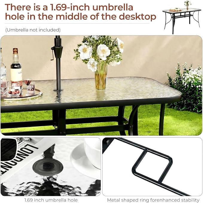 TLSUNNY Patio Dining Set for 6, Outdoor Table and Chairs W/1.69″ Umbrella Hole, 30"X 55" Table and Stackable Textilene Chair, All Weather Patio Furniture Set (Black Table & Sky Blue Chair)