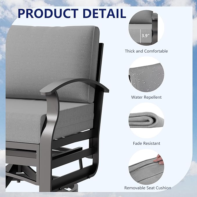 3 Piece Aluminum Swivel Rocking Chair Set, Outdoor Patio Swivel Gliders Chair with Glass Top Coffee Table, Conversation Furniture Set Suitable for Patio, Lawn, Outdoor, Back Garden(Gray)