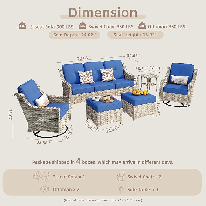 6-Piece Patio Furniture Set, Outdoor Conversation Set Sectional Sofa with Rocking Chairs and Water Resistant Cushions, Blue
