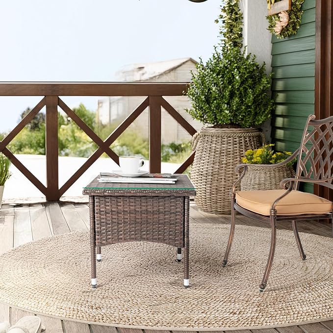 Outvita 20" Patio Coffee Table, Glass Tabletop Square Side Table, Waterproof & Rustproof, Adjustable Feet, Elegant Brown Outdoor Table for Garden Porch Yard