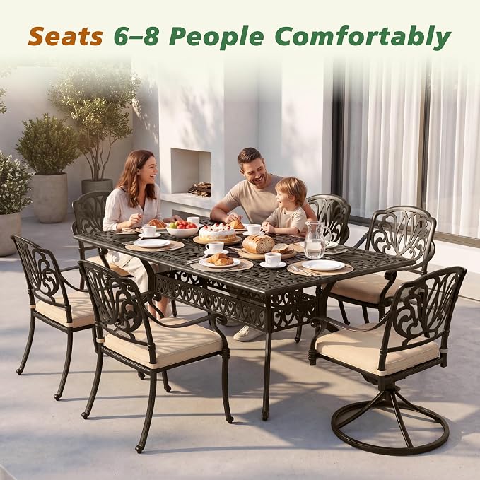 Patio Dining Table, Outdoor Patio Table with Umbrella Hole Bronze Square Cast Alluminum Patio Metal Dining Table, Outdoor Furniture for Backyard Lawn Balcony Deck (87" Rectangular)