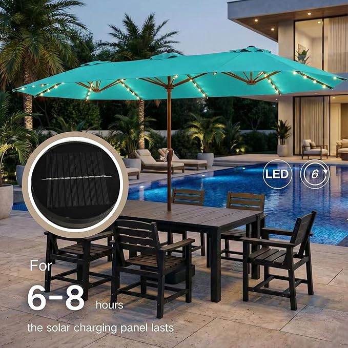 Kingdura 15ft Large Patio Umbrella with Solar Lights, Double-Sided Rectangle Outdoor Table Umbrella with Base Included, 12 Reinforced Ribs, 48 Led Lights, Crank Lift for Market Pool Deck, Tiffany blue