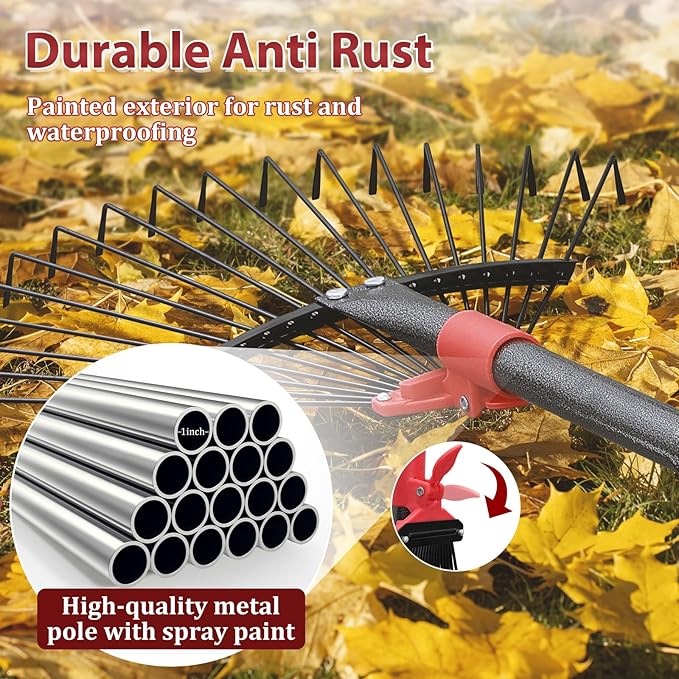 61Inch Adjustable Metal Leaf Rake, 18 Metal Tines Heavy Duty Leaves Rake for Lawns with 8-18" Expandable Head Long Handle Garden Rakes for Women Kids Leaves Yard Gardening Grass Outdoor Camping Debris