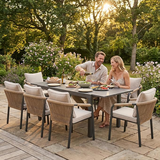 SUNSITT 7 Piece Outdoor Patio Dining Set, 59" - 83" Aluminum Expandable Outdoor Dining Table and 6 Woven Wicker Patio Chairs w/Curved Backrest for Garden, Dark Grey