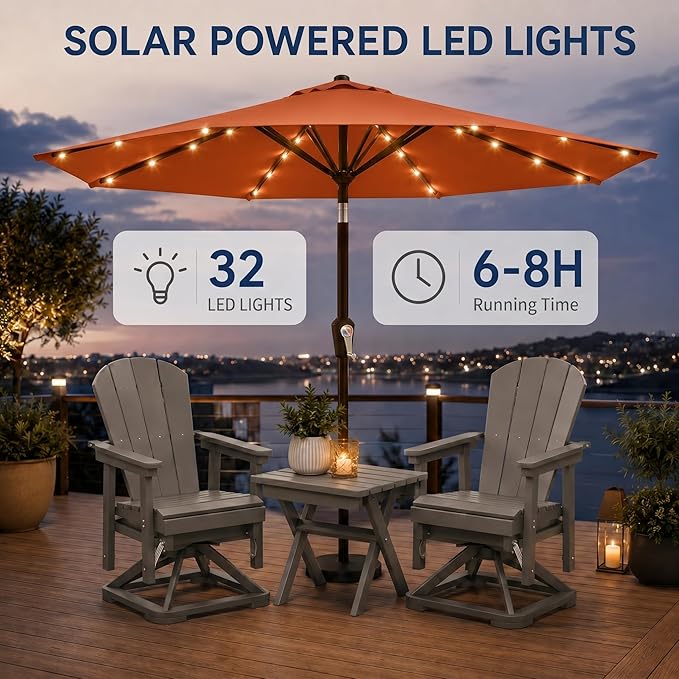 10FT Solar Patio Umbrella with Lights, Outdoor Table Market Umbrella with 32 LED Lights, 8 Sturdy Ribs, Push Button Tilt and Crank for Pool, Deck and Garden, UV-Resistant