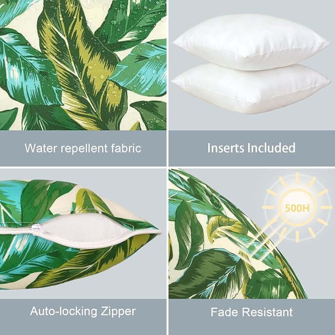 LVTXIII Set of 2 Patio Throw Pillows 20"x20" Fade Resistant Outdoor Throw Pillows with Inserts, Fluffy Decorative Garden Toss Pillow Cushions for Home Patio Coach Use, Lush Leaf Jungle