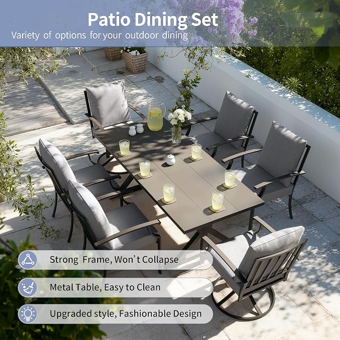 Kullavik 7 Pieces Outdoor Dining Set,Patio Dining Table and Chairs Set for 6,Fence Pattern Back Chairs with Thickened Cushions & X-Frame Metal Dining Table with Umbrella Hole for Patio,Grey