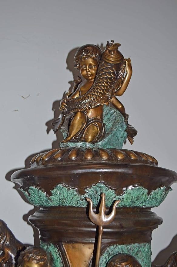 Nifao Large Bronze Tiered Fountain with Fish Horse & Pigs – Outdoor Garden Water Feature Sculpture, 46" L x 46" W x 84" H