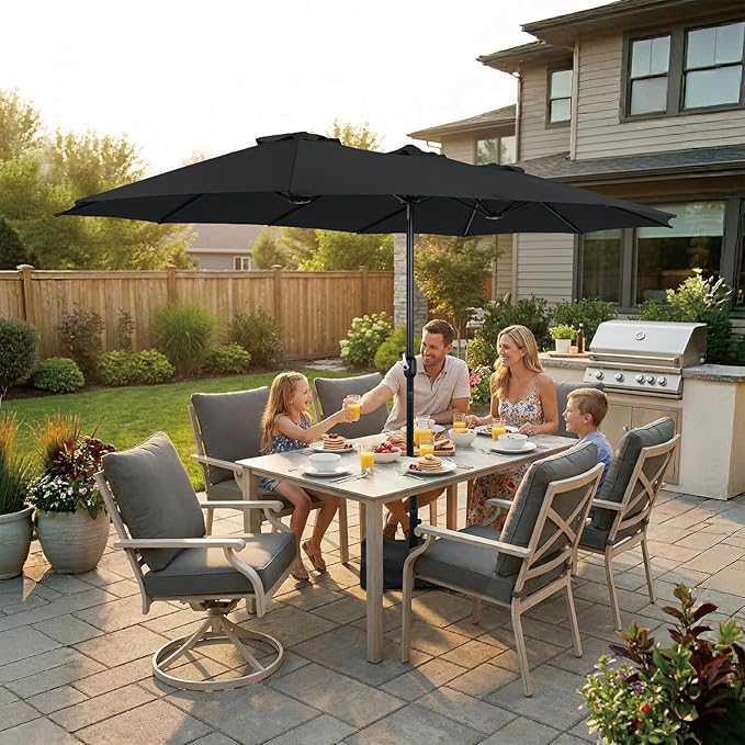 15FT Extra Large Patio Umbrella with Base Included, Heavy Duty Rectangle Outdoor Market Umbrella with 12 Strong Ribs for Patio, Garden, Lawn, Deck & Pool