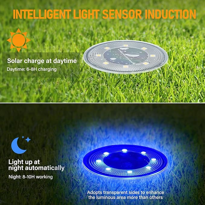Siatom Solar Ground Lights 8 Pack, IP68 Waterproof Solar In-Ground Light for Outdoor, Flat Landscape Lighting, Garden Disc Light for Pathway, Walkway, and Yard - 8 Pcs (Blue)