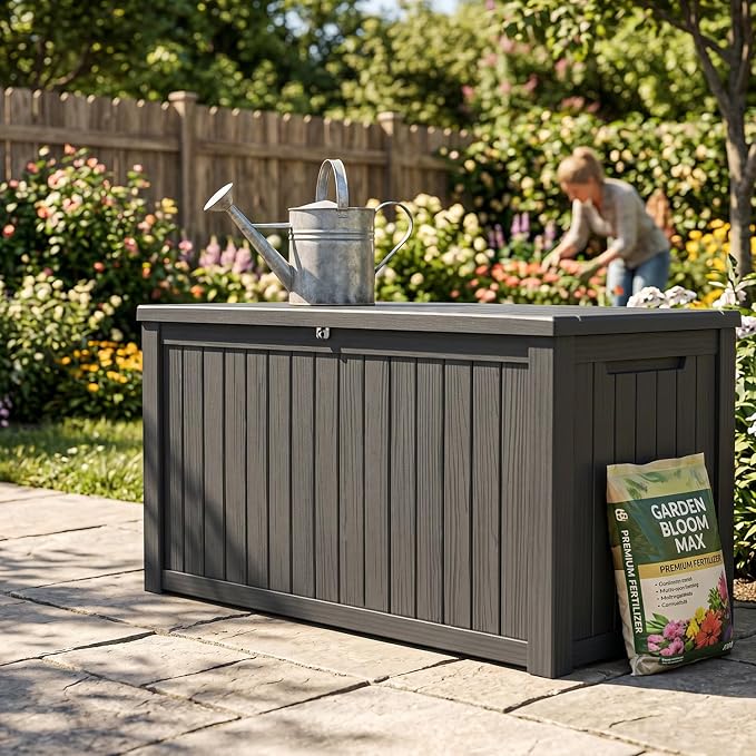 200 Gallon Deck Box, Extra Large Waterproof Outdoor Storage Box with Hydraulic Rod, Weatherproof Resin, Lockable Wood-grain Finish Container for Patio Furniture, Garden, Pool and Garage (Black)