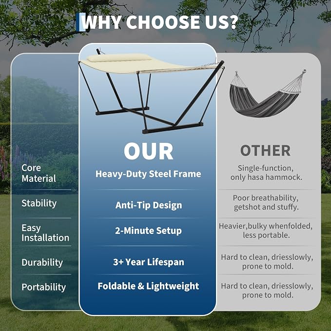 12 ft Double Hammock with Stand, Portable 2 Person Outdoor Hammock with Stand for Patio, Backyard, Garden, Heavy Duty Hammock with Soft Pillow & Balance Ropes, Folding Hammock, Beige