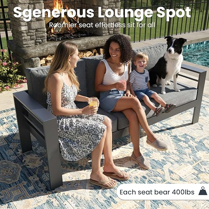 5 Pieces Modern Aluminum Patio Furniture Set, Outdoor Conversation Sets Metal Sectional Sofa with Coffee Table