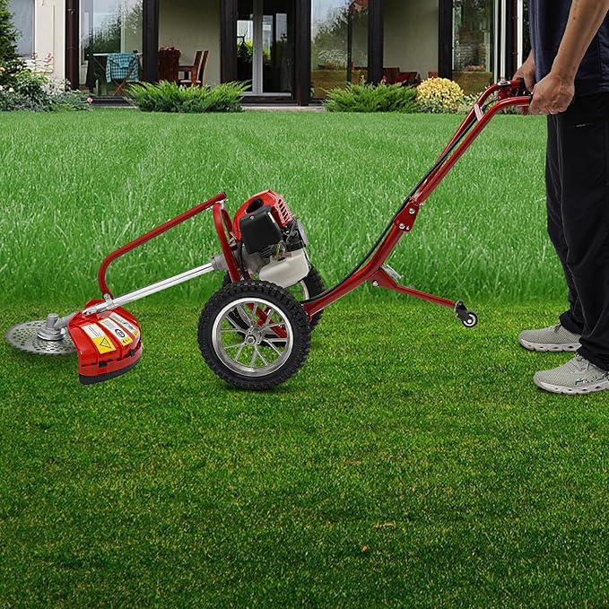 49CC Gas Walk Behind Brush Cutter, 2-Stroke Push Weed Wacker String Trimmer with Wheels, 7000RPM Lawn Mower Trimmer for Weeds, Grass & Yard, 0.95L Fuel Tank