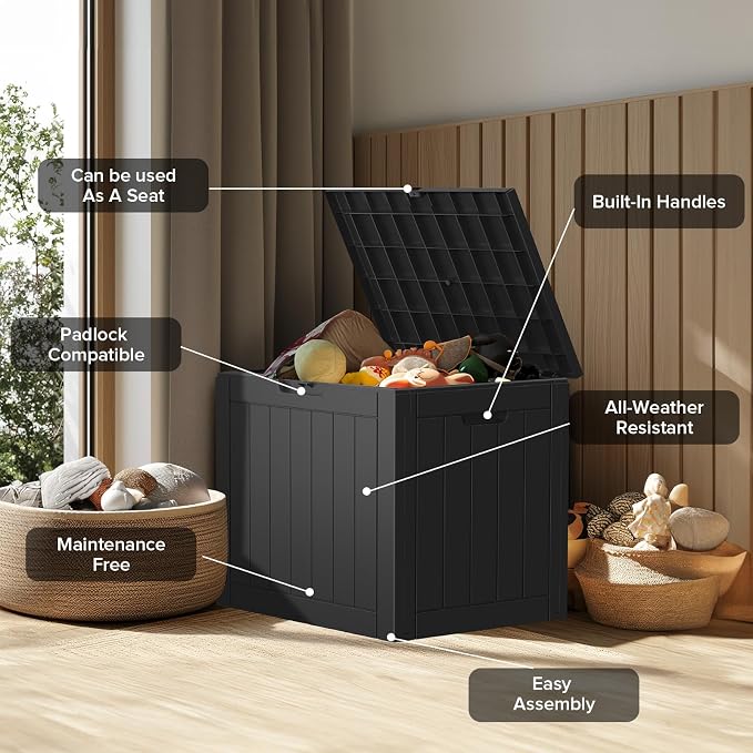 PatioZen 30 Gallon Resin Deck Box with Lockable Lid, Waterproof storage box for Patio Furniture, and Garden Tools, Black