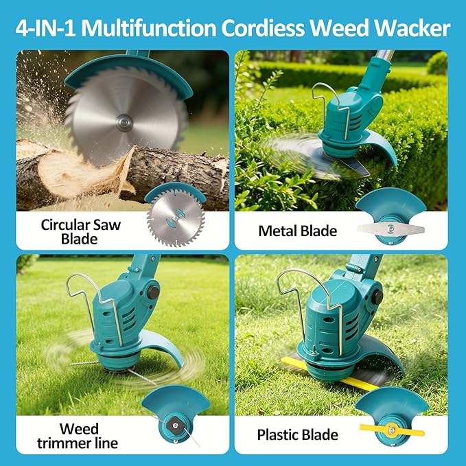 Cordless Weed Wacker Battery Powered, 4-in-1 Battery Powered Weed Eater and Edger with 21V 2.0Ah Battery, Charger, Foldable Electric String Trimmer for Lawn, Garden and Yard