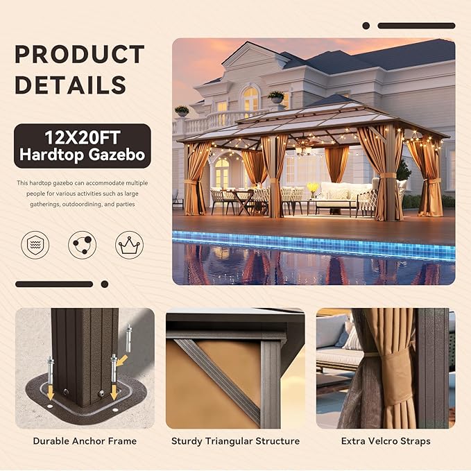 Aoxun 12'x20' Hardtop Gazebo, Outdoor Metal Gazebo with Double Polycarbonate Roof Canopy, Permanent Pavilion with Netting and Curtains for Lawn, Garden, Patio (Brown)