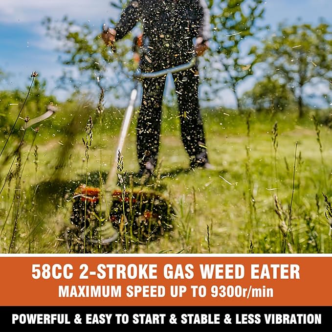 COOCHEER 58cc Gas Weed Eater, 4 in 1 String Trimmer 2-Cycle Gas Powered Weed Wacker Brush Cutter with 18.5’’ Cutting Path, Straight Shaft Weed Trimmer Grass Cutter for Yard, Garden Care, Orange