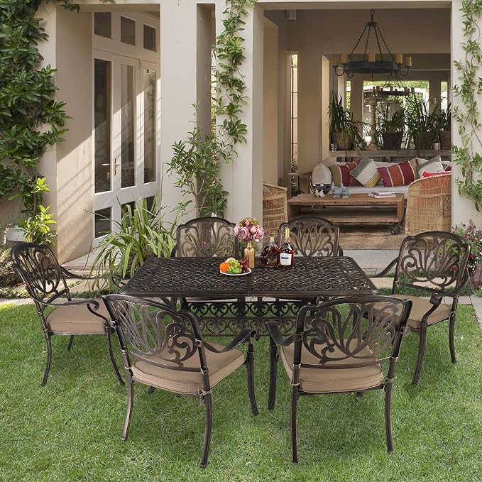 VINGLI 6-Person Patio Dining Table, Cast Aluminum Outdoor Dining Rectangle Table with Umbrella Hole, Weather-Resistant Patio Table for Deck, Garden, Backyard