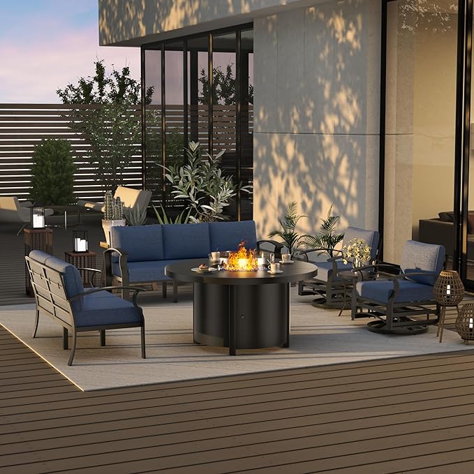 ALAULM Aluminum Patio Furniture Set with 40,000 BTU Round Propane Fire Pit Table 7-seat Metal Outdoor Furniture w/ 2 Swivel Chairs Patio Sectional Sofas for Patio, Lawn, Poolside（DarkBlue