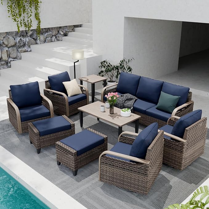 COOS BAY Modern Wicker Outdoor Furniture Set, 9 Piece Patio Conversation Set with 4 Swivel Rockers, a 3 Seat Couch, 2 Ottomans, Coffee Table & Side Table, 9 Piece, Brown/Blue