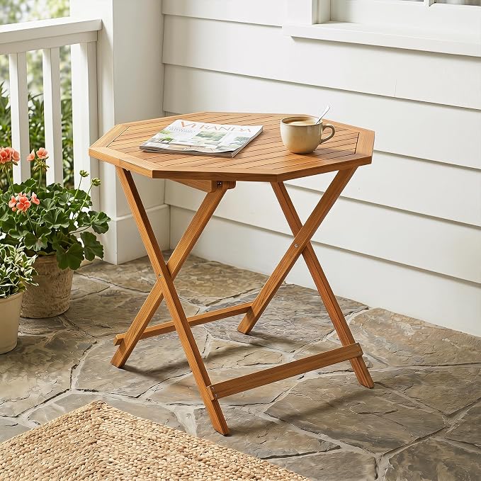 Tangkula 37.5” Folding Patio Table for 4, Acacia Wood Octagonal Outdoor Dining Table with Slatted Tabletop, Indoor Outdoor Portable Bistro Table for Poolside, Garden, Porch & Deck