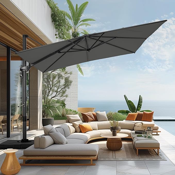 Sophia & William Cantilever Patio Umbrella 9x12ft, Large Outdoor Umbrellas with Crank Handle, 6-Level Tilt and 360° Rotation, Windproof Crashproof Design for Pool Garden Backyard with Base (Grey)