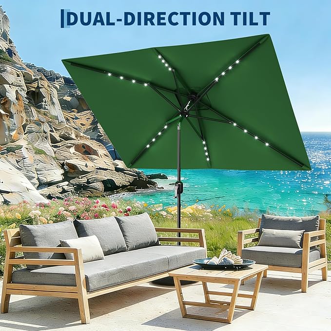 Garvee 10' x 6.5' Solar Rectangular Patio Umbrella with Lights, Outdoor Table Umbrella with Crank and Push Button Tilt, Market Umbrella with 6 Sturdy Ribs Tilt for Garden, Deck, Lawn, Pool