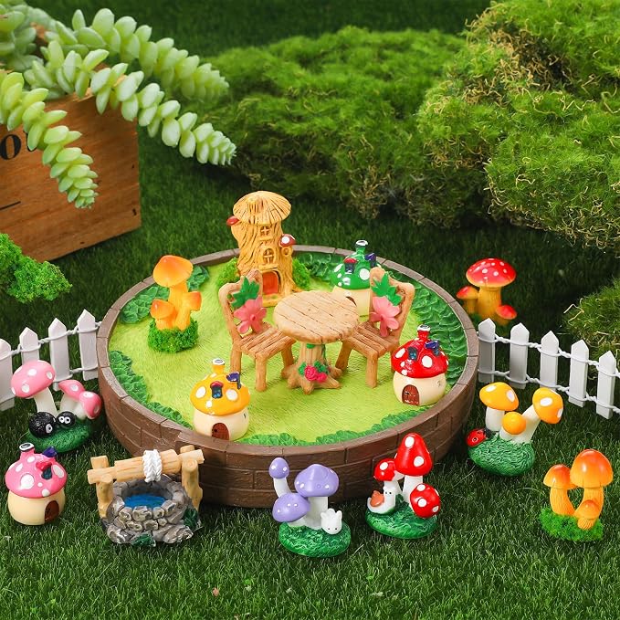32 Pcs Fairy Garden Accessories Mini Fairy Figures | Miniature Table and Chairs Bridge Mushroom Lighthouse Water Well Pond Landscape OrnamentKit for DIY Garden Potted Desk Decor