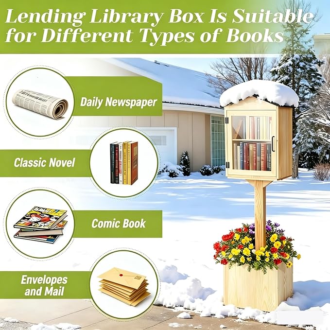 Little Outdoor Library Box, 2-Tier Waterproof Free Library Wooden Cabinet, 16x15x25 Inch Small Storage Box for DIY, Neighbourhoods, Communities and Kids to Share Books, Magazines, Artworks