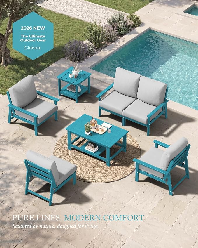 Ciokea Modular Patio Furniture Set with Thicked Cushions, 7Pcs All-Weather Outdoor Conversation Set with Coffee Table & Side Table, Modern Sectional Sofa Set for Deck (Blue Frame/Grey Cushions)