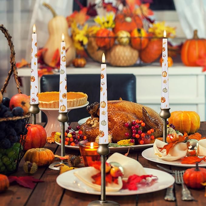 Fall Flameless Taper Candles, Pumpkin & Maple Leaf Battery Operated Candles with Remote, Real Wax Autumn Led Candlesticks, Fall, Harvest, Thanksgiving, Halloween Decorations for Home Party