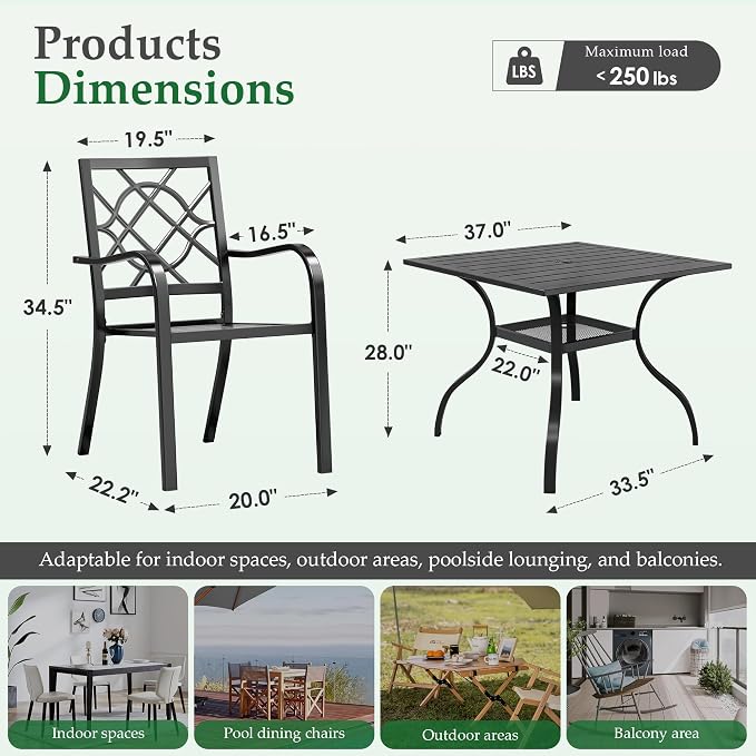 Oakcloud 5-Piece Patio Dining Set, Outdoor Metal Furniture Dining Table Set 4 Stackable Patio Dining Chairs and Square Dining Table with Umbrella Hole, Black