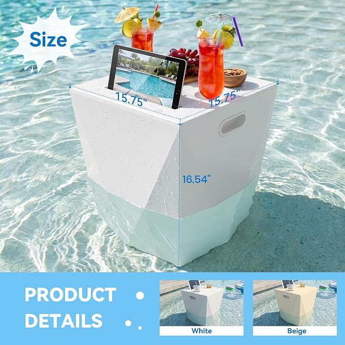 Modern Assemble-Free Outdoor Side Table, Pool Side Table for Inside Pool or on Patio, Lounger Table with 2 Cup Holders * 1 Tablet Holder, White