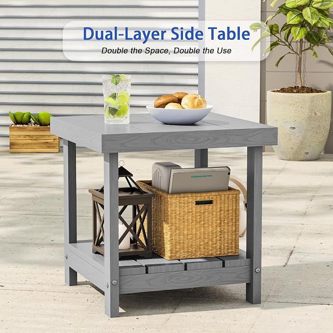 2-Tier HDPE Outdoor Square Side Table, Heavy-Duty Patio Side Table with Storage Shelf, Weather-Resistant Adirondack End Tables for Backyard, Pool, Porch, Garden, Lawn, Silver Grey