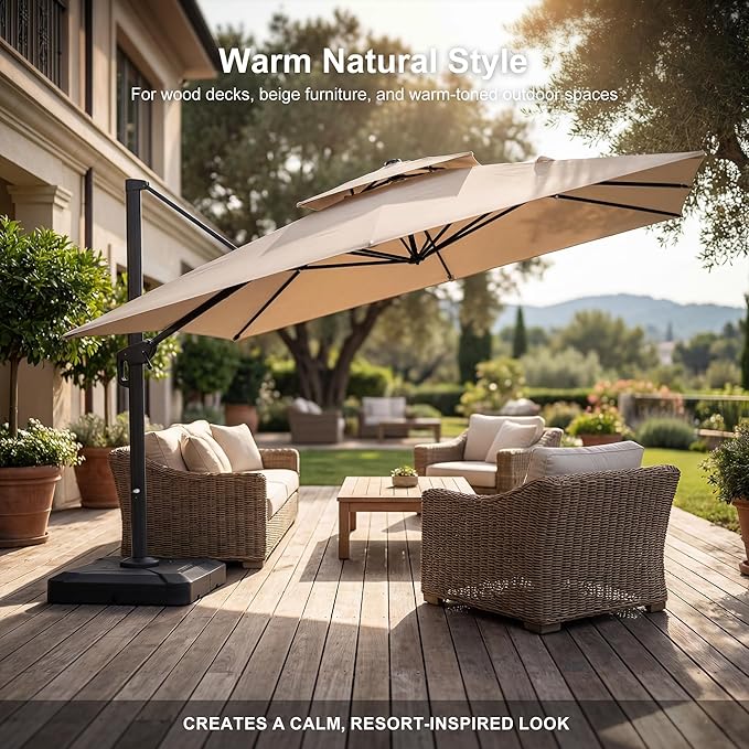 PURPLE LEAF 10 FT Cantilever Patio Umbrella Outdoor Umbrella with 220lbs Base Large Square Windproof Offset Umbrella for Pool Deck Garden, Sand Dune