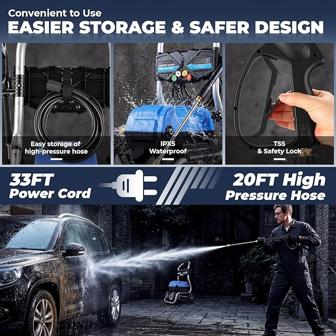 5000 PSI Pressure Washer,4.0 GPM Electric Power Washer, 1800W High Pressure Washer, Professional Washer Cleaner, with 5 Nozzles,3L Soap Bottle and 33FT Hose, Best for Cleaning Cars Patio Garden,Blue
