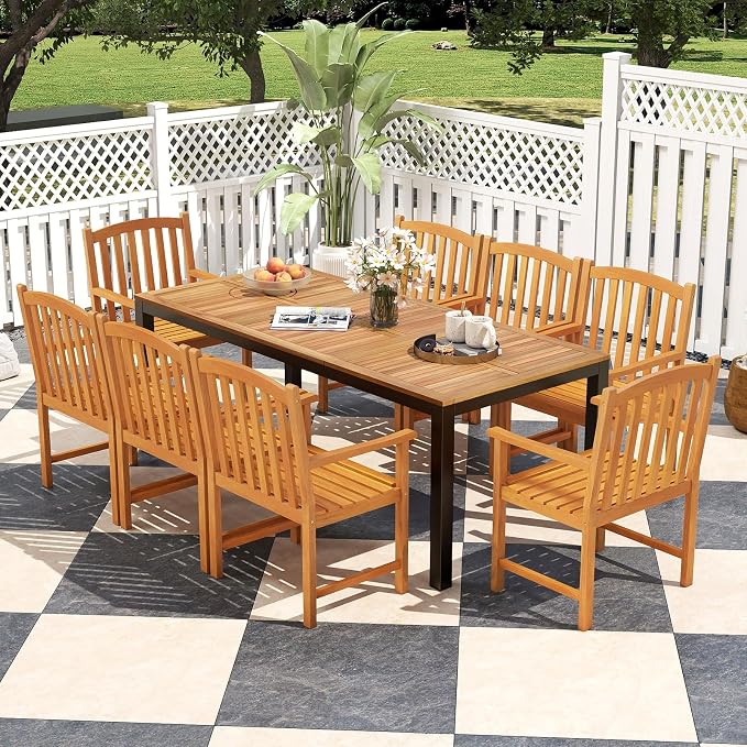 Tangkula 9 Piece Outdoor Wood Dining Set, Patio Rectangular Table with Umbrella Hole and 8 Solid Acacia Armchairs, for Porch, Garden, Backyard, Balcony