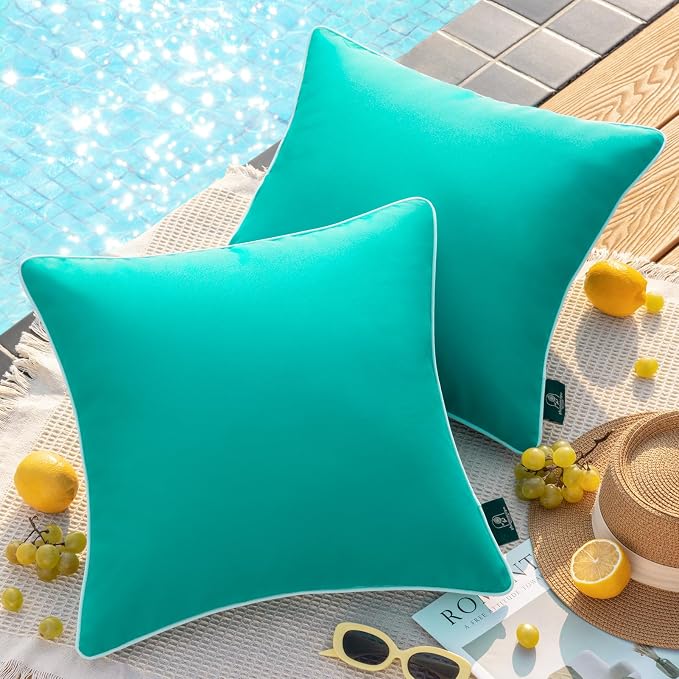 Phantoscope Pack of 2 Outdoor Waterproof Solid Throw Decorative Pillow Cover Decorative Square Outdoor Pillows Cushion Case Patio Pillows for Couch Tent (18''x18'', Turquoise)