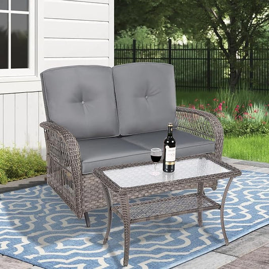 MEETWARM Outdoor Wicker Patio Glider Set, Loveseat for 2 Person Porch Furniture Glider with Glass-Top Coffee Table, Patio Glider Rocking Bench with Thickened Cushions, Gray