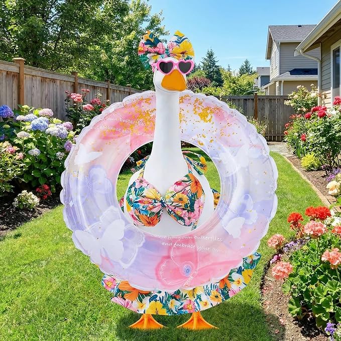 Bikini Porch Goose Outfits Fits 23" Goose Statue Summer Porch Goose Outfit with Sunglasses and Swim Ring Hawaiian Porch Goose Clothes Costume for Outdoor Garden Lawn Yard Decor(Colorful Flower)