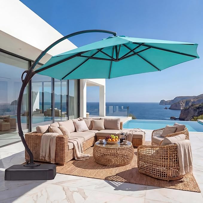 EO Living Outdoor Patio Umbrella with Base included, 11 FT Deluxe Curvy Cantilever Umbrella Heavy Duty Offset Hanging Umbrella with 360° Rotation for Pool, Garden, Backyard, Deck (Turquoise Blue)
